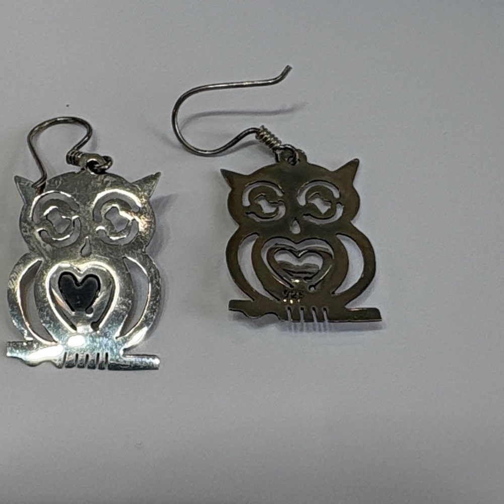 Sterling Silver Owl Heart Dangle Earrings